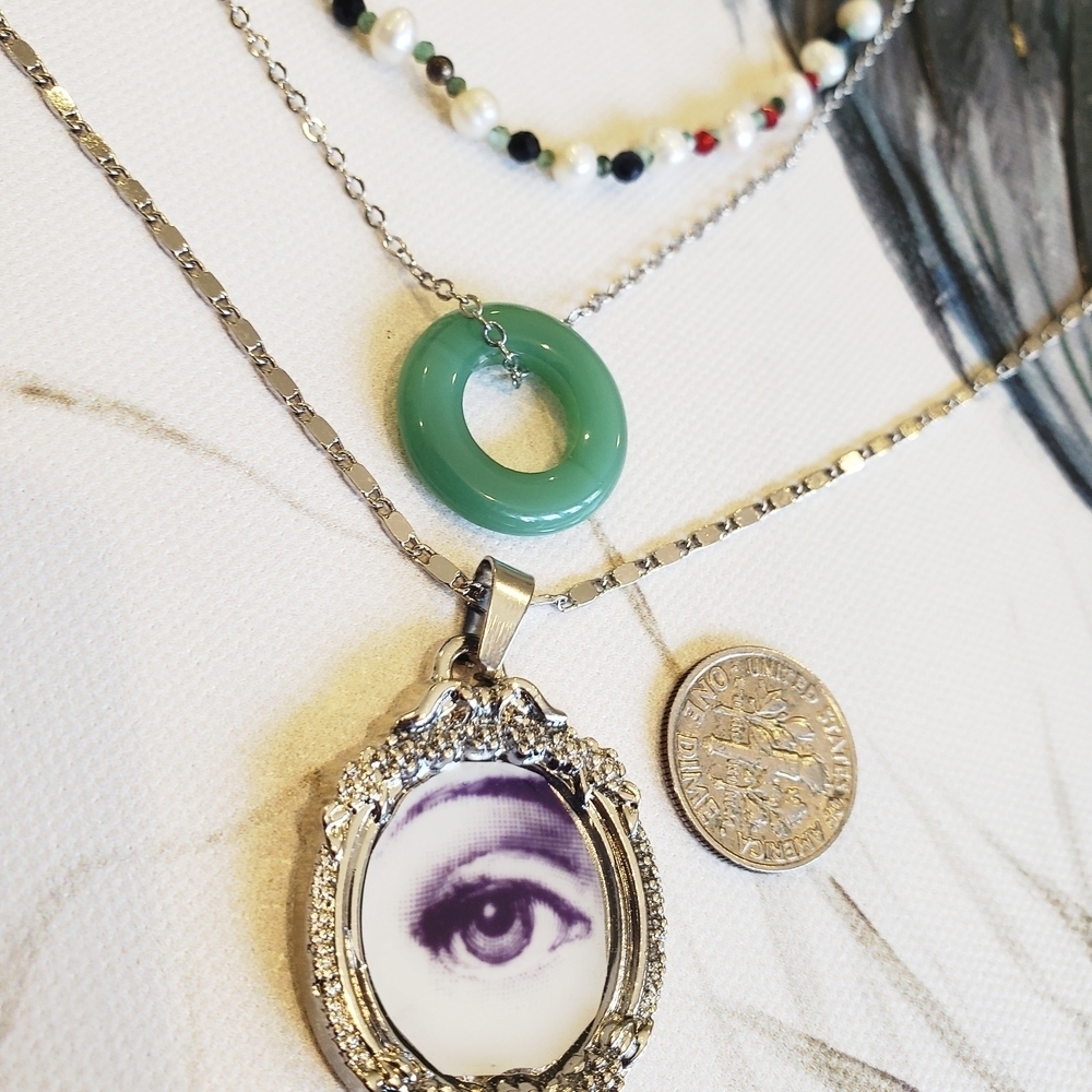 NEW Sterling Silver LAYERING ART Necklace PEARL JADE EMERALD FORNASETTI EVIL EYE